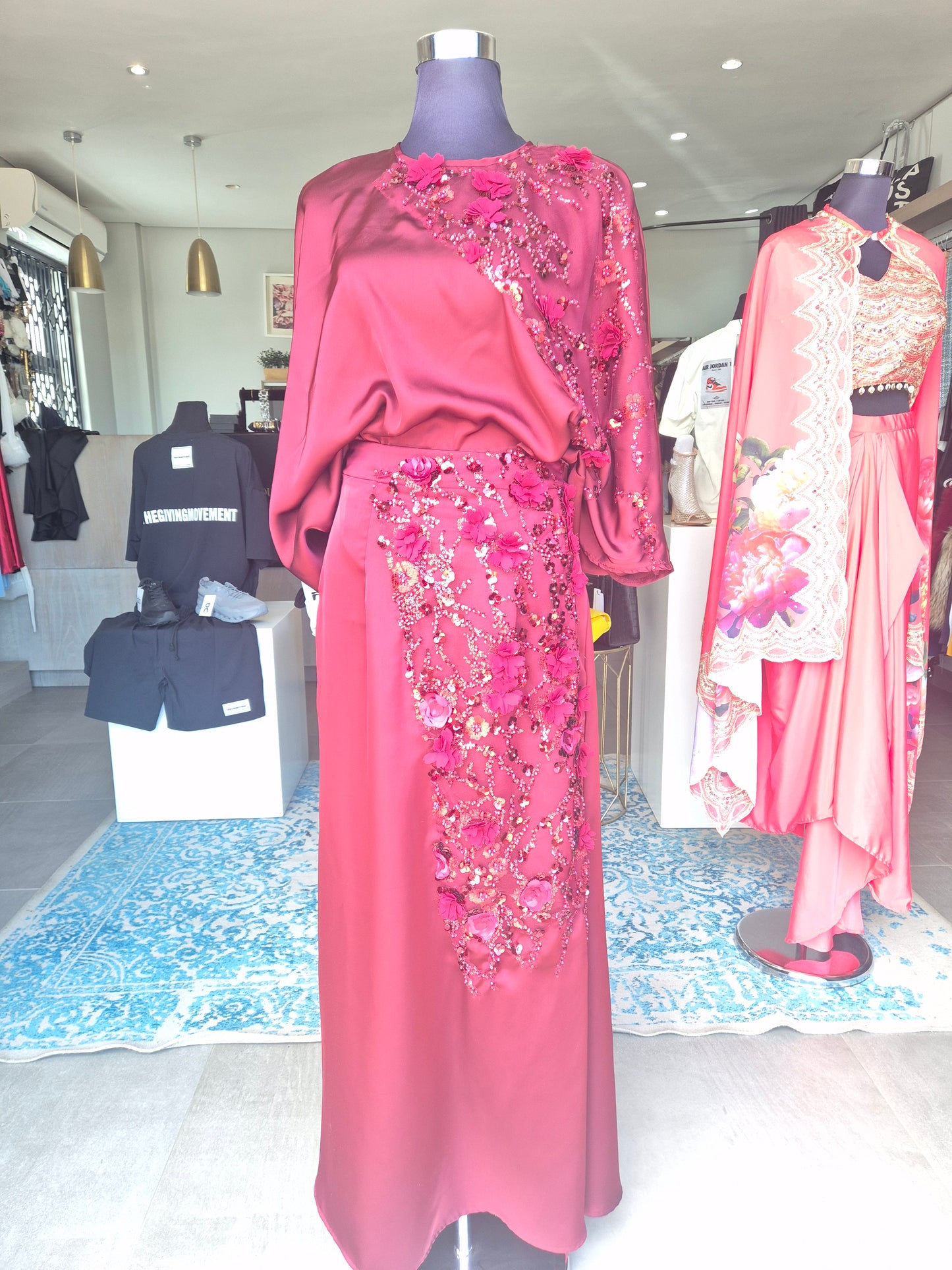 Elegant Sequin + 3D Flower Batwing Sleeve Top And Skirt 2-Piece Set (Copy)