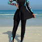 Printed High Neck Zipper Top With Ruffle Hem Long Sleeve And Pants  Swimwear Set