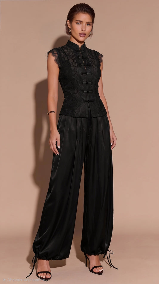 Elegant Lace Frog Button Top & Lantern Pants Co Ord Set