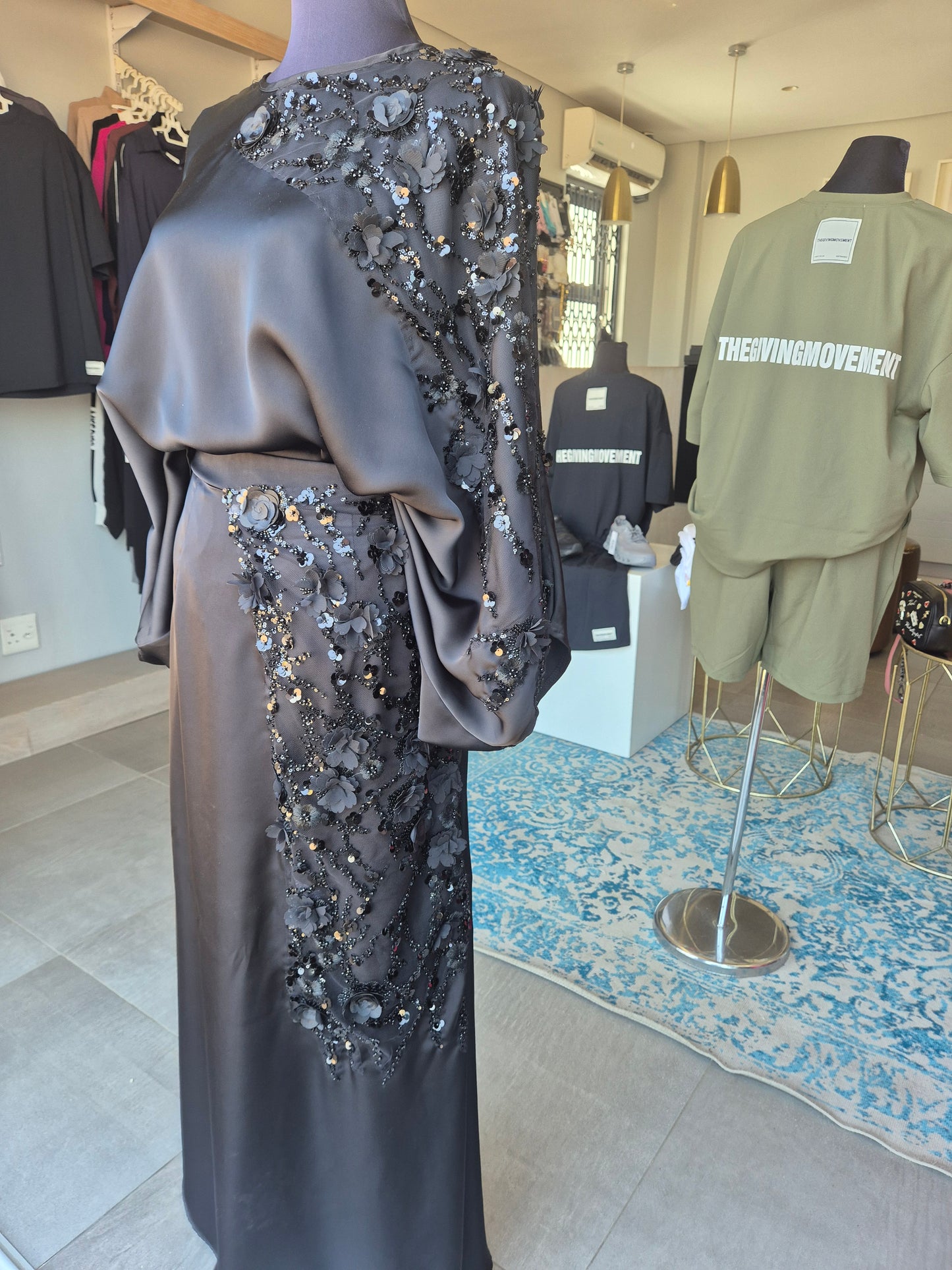 Elegant Sequin + 3D Flower Batwing Sleeve Top And Skirt 2-Piece Set