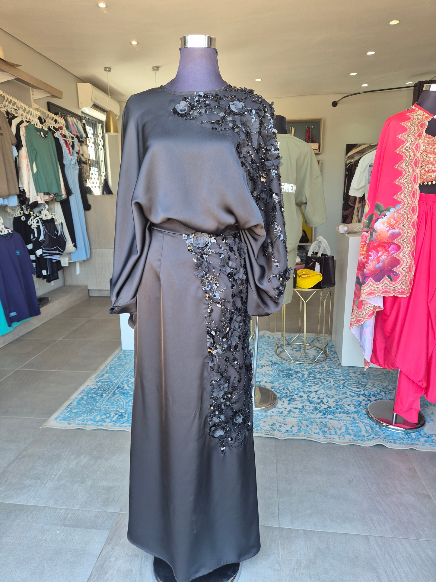 Elegant Sequin + 3D Flower Batwing Sleeve Top And Skirt 2-Piece Set