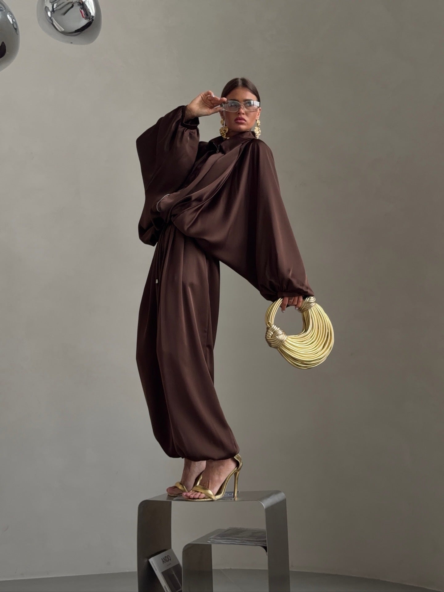 Casua Light Chocolate Brown Loose Coat Pants Set