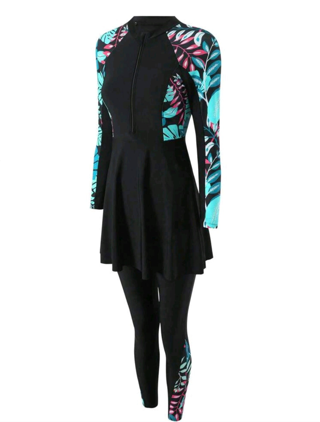 Printed High Neck Zipper Top With Ruffle Hem Long Sleeve And Pants  Swimwear Set