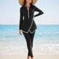 Black With White Trim V-Cut Flared Skirt & Front Zipper Pants Swimwear Set