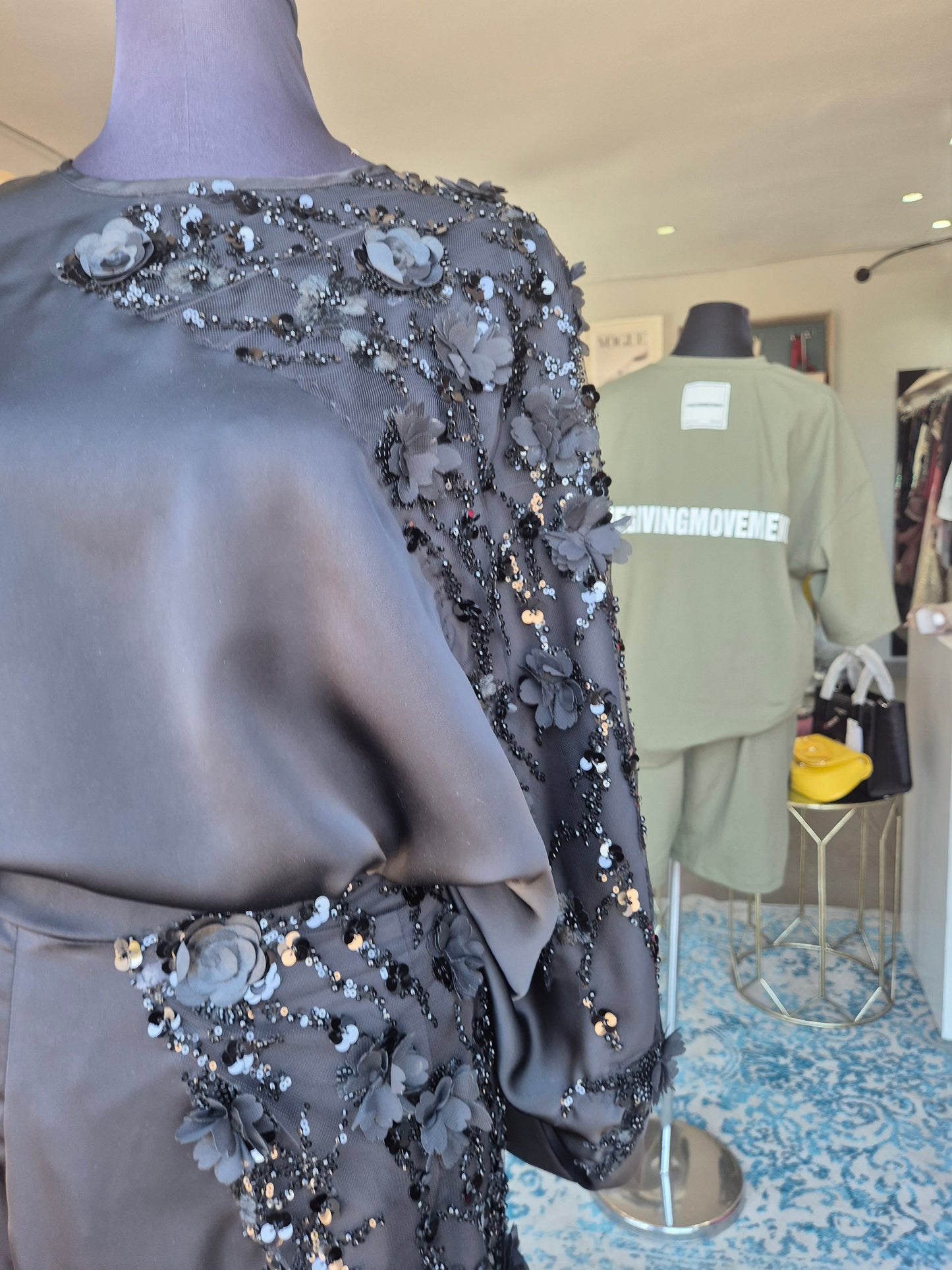 Elegant Sequin + 3D Flower Batwing Sleeve Top And Skirt 2-Piece Set