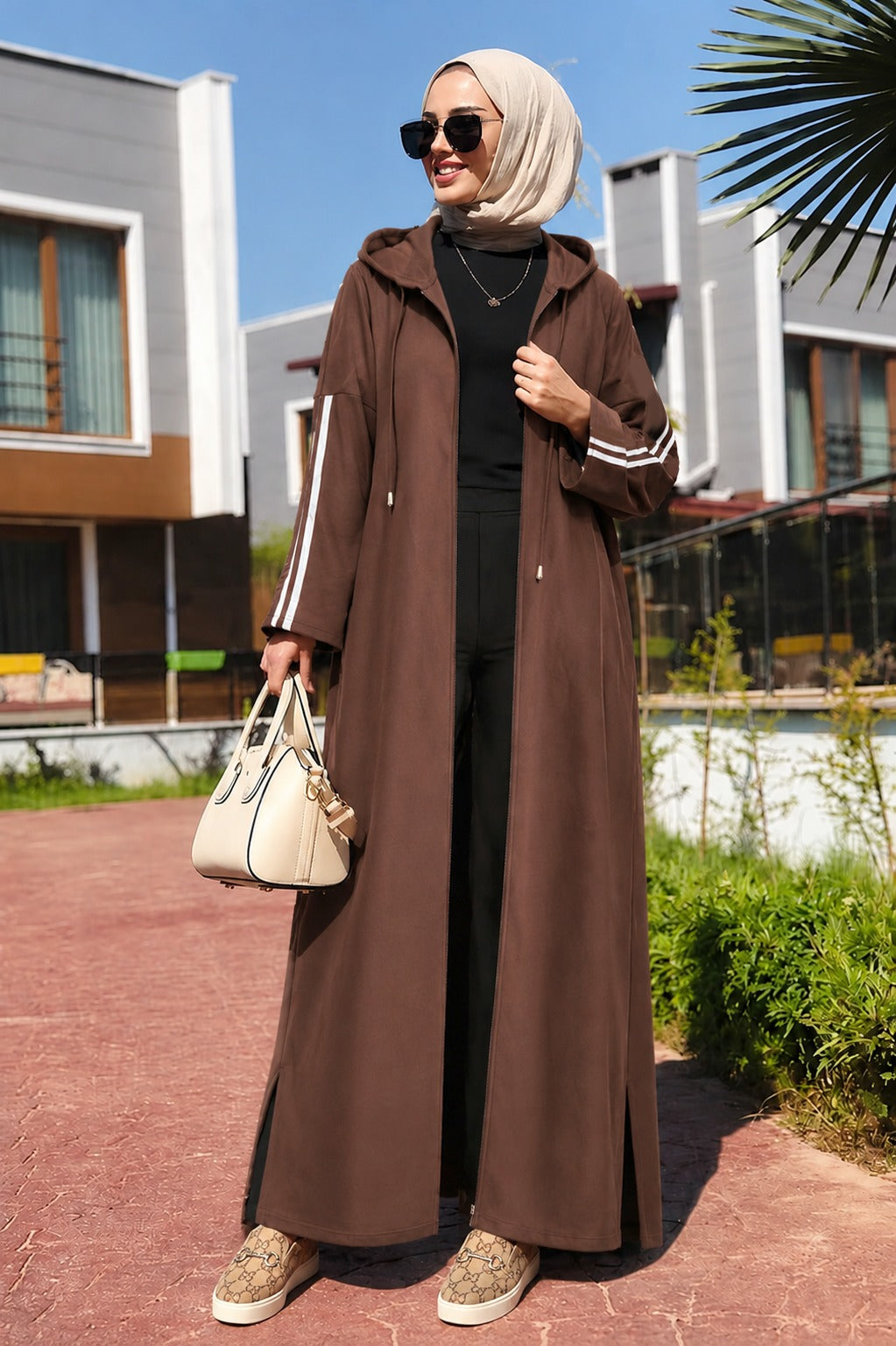 Athleisure Modest Zip up Pockets Hooded Sport Abaya Coat )