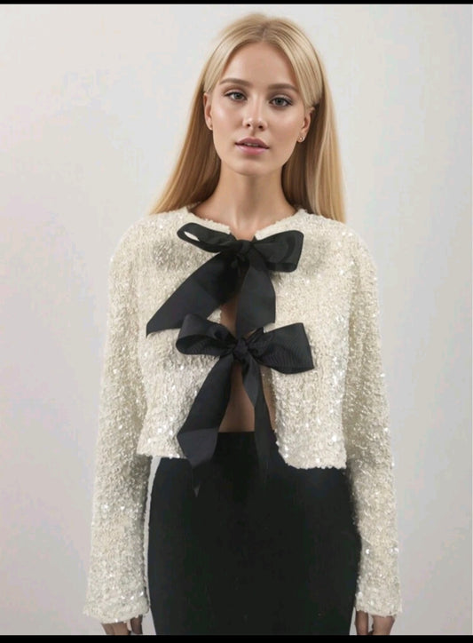 Sequin Long Sleeve Jacket With Bow Decoration