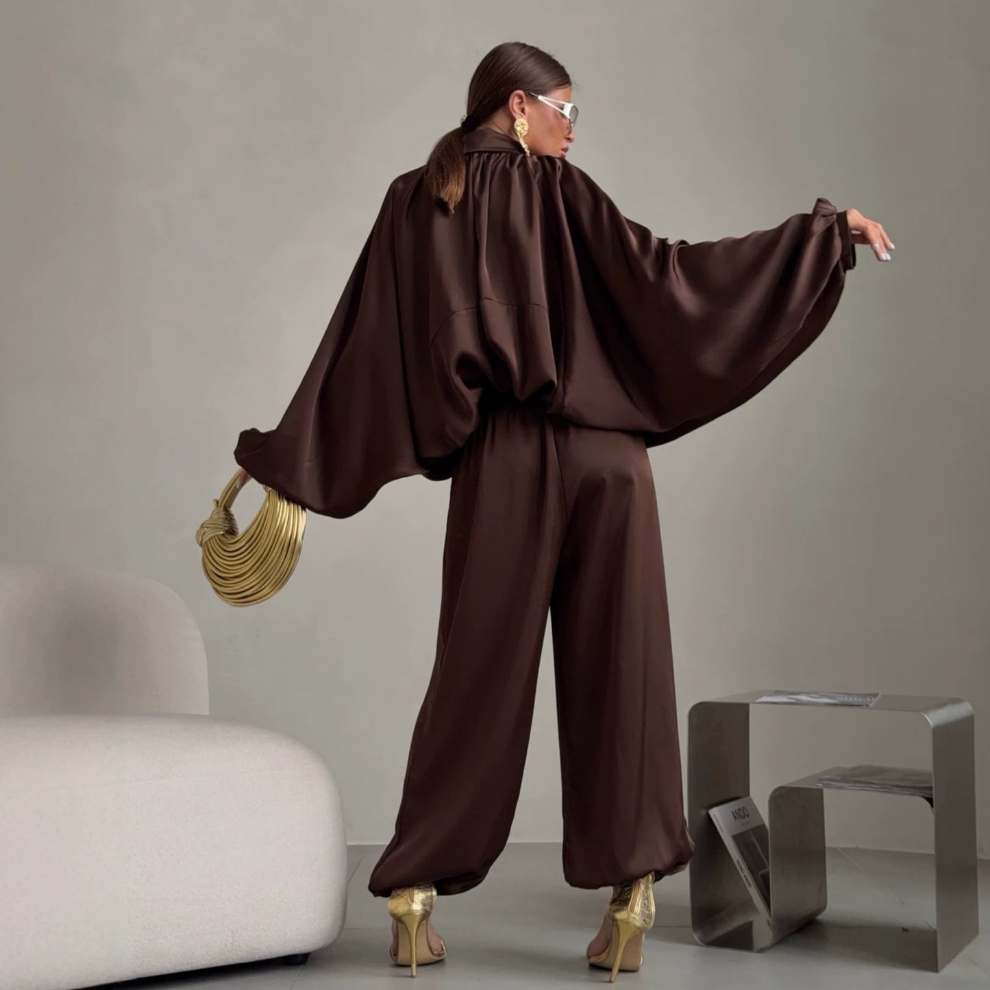 Casua Light Chocolate Brown Loose Coat Pants Set
