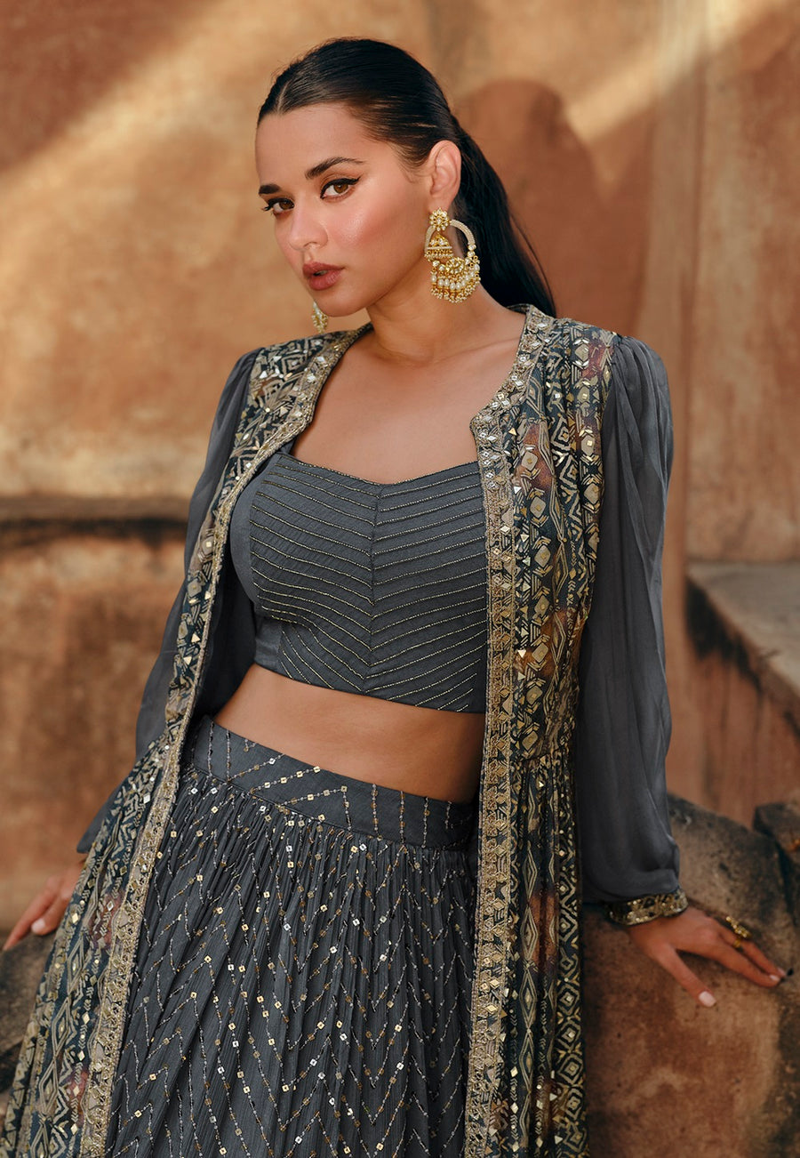 Chinon Silk Embroidered Crop Top Set in Grey