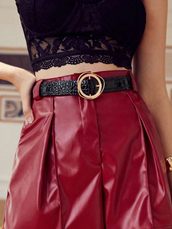 New Irregular Round Buckle Alligator Pattern Sweet Women PU Buckle Belt