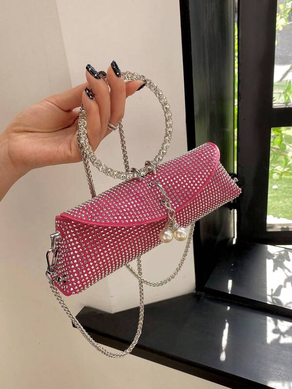 Rhinestone & Pearl Decor Flap Square Bag Top Ring Handle Bag