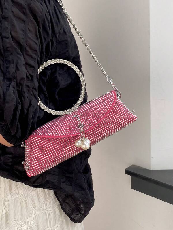 Rhinestone & Pearl Decor Flap Square Bag Top Ring Handle Bag