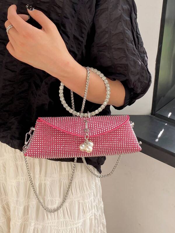 Rhinestone & Pearl Decor Flap Square Bag Top Ring Handle Bag