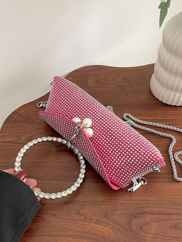 Rhinestone & Pearl Decor Flap Square Bag Top Ring Handle Bag