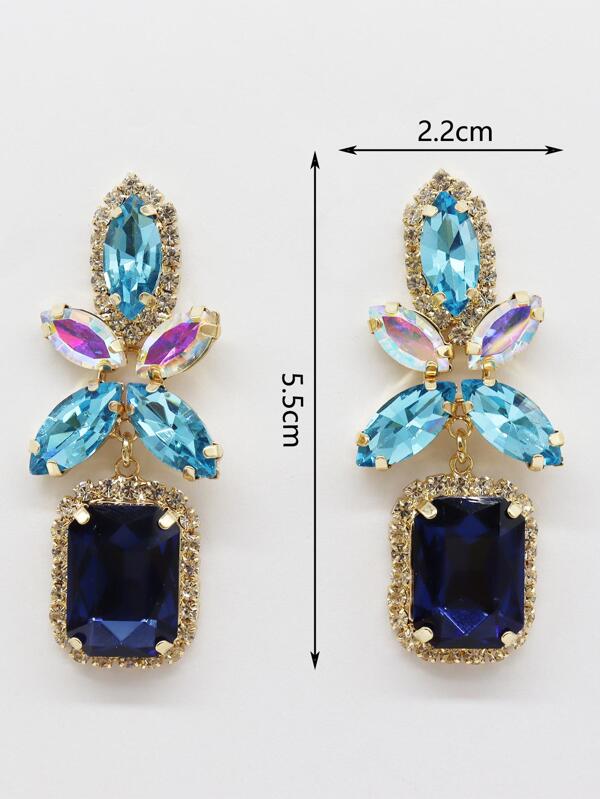 Geometric Square Earrings With Colorful Rhinestones & Blue Flowers