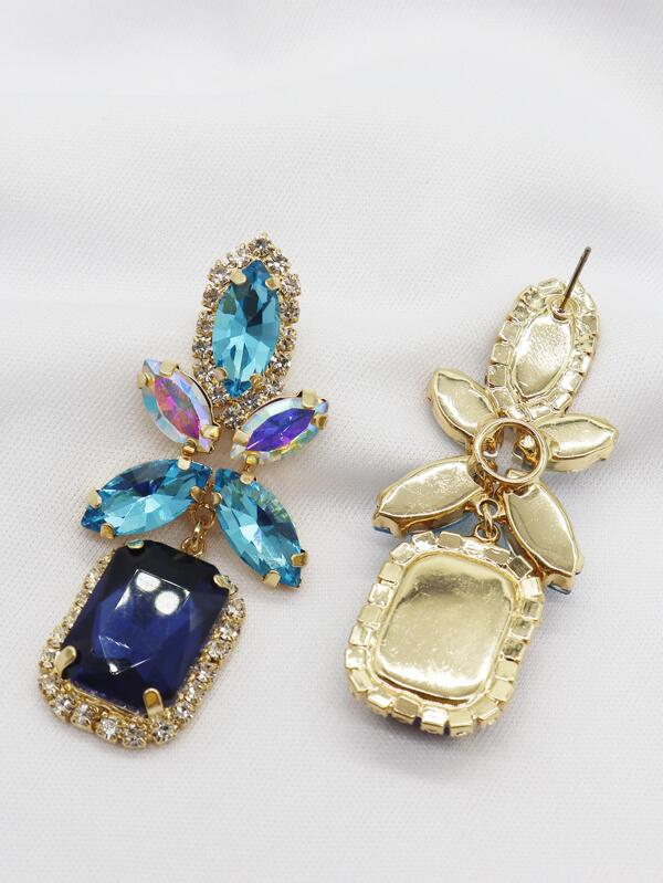 Geometric Square Earrings With Colorful Rhinestones & Blue Flowers