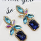 Geometric Square Earrings With Colorful Rhinestones & Blue Flowers