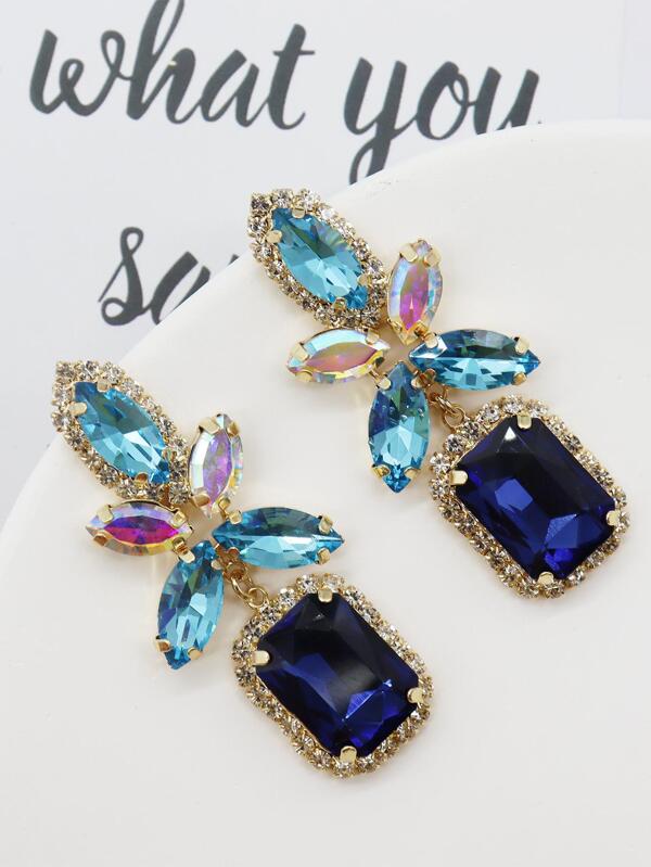 Geometric Square Earrings With Colorful Rhinestones & Blue Flowers