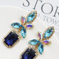 Geometric Square Earrings With Colorful Rhinestones & Blue Flowers