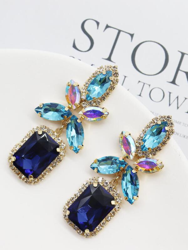 Geometric Square Earrings With Colorful Rhinestones & Blue Flowers