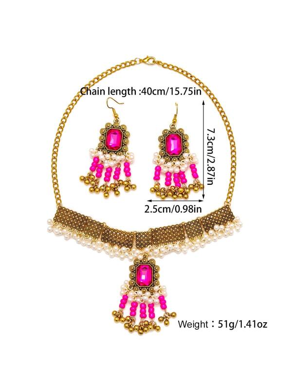 Bohemian Style Faux Pearl & Rhinestone & Tassel Jewelry Set