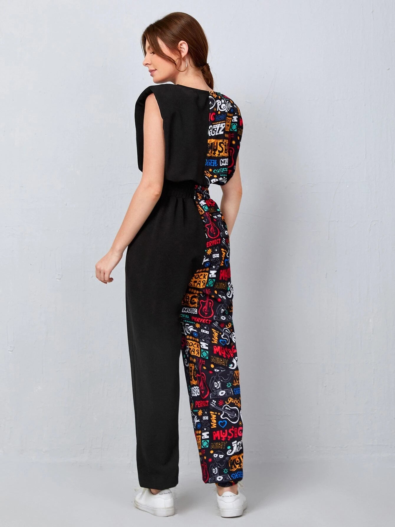 Shoulder Pad Letter Graphic Jumpsuit