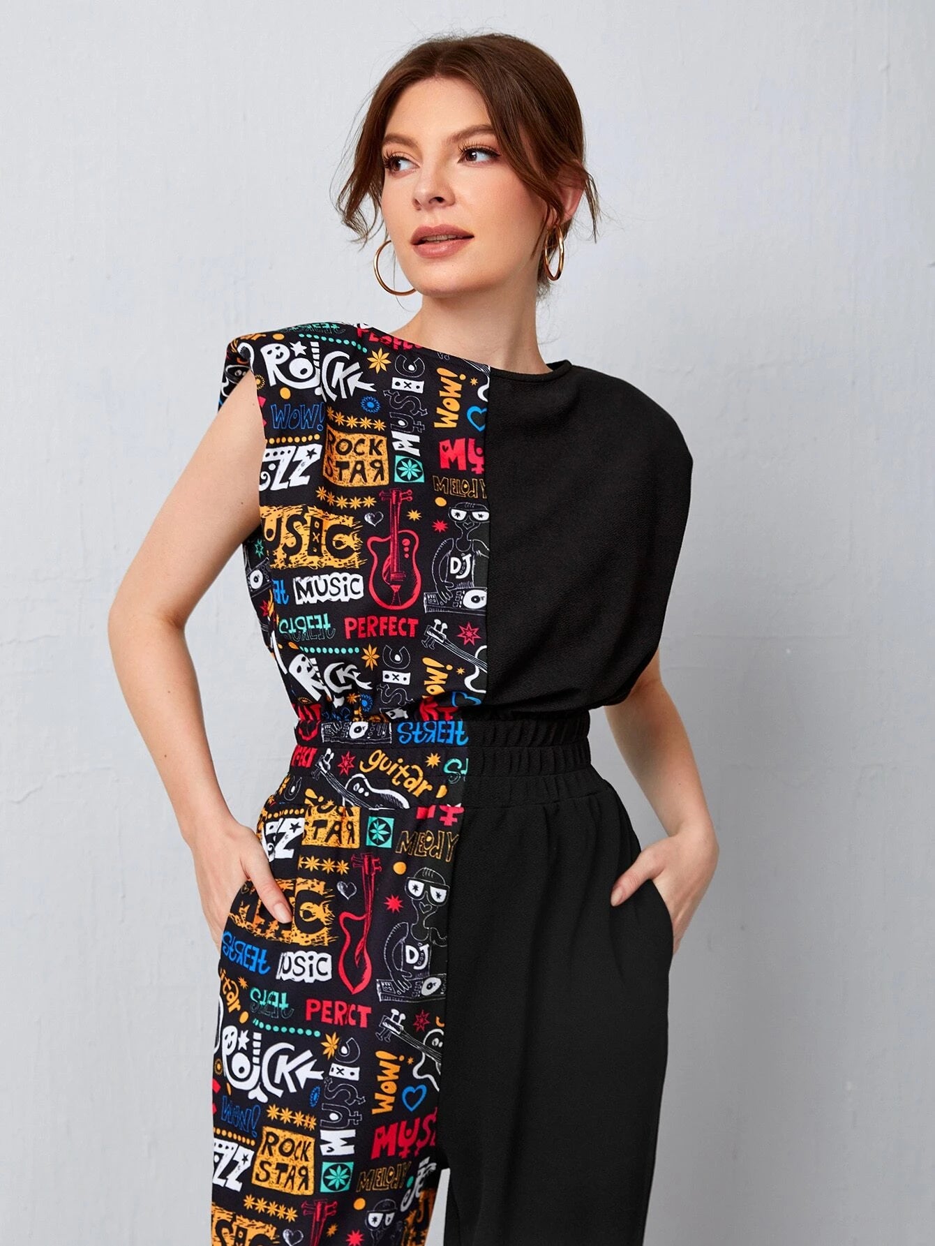 Shoulder Pad Letter Graphic Jumpsuit