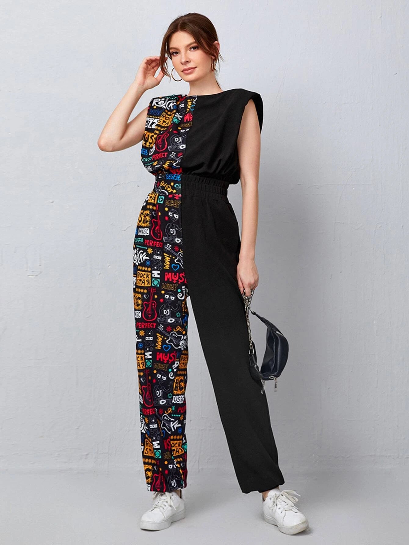 Shoulder Pad Letter Graphic Jumpsuit