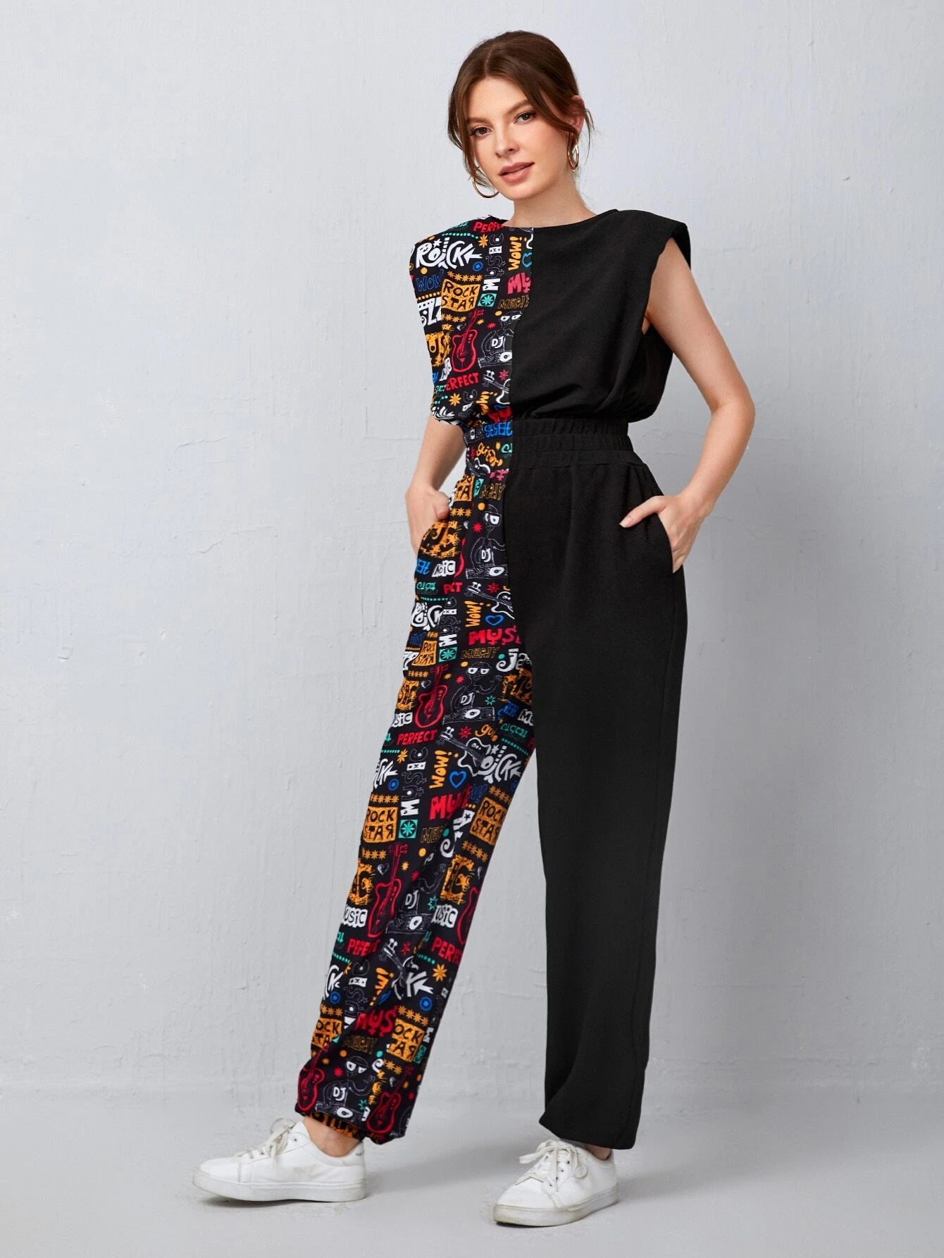 Shoulder Pad Letter Graphic Jumpsuit