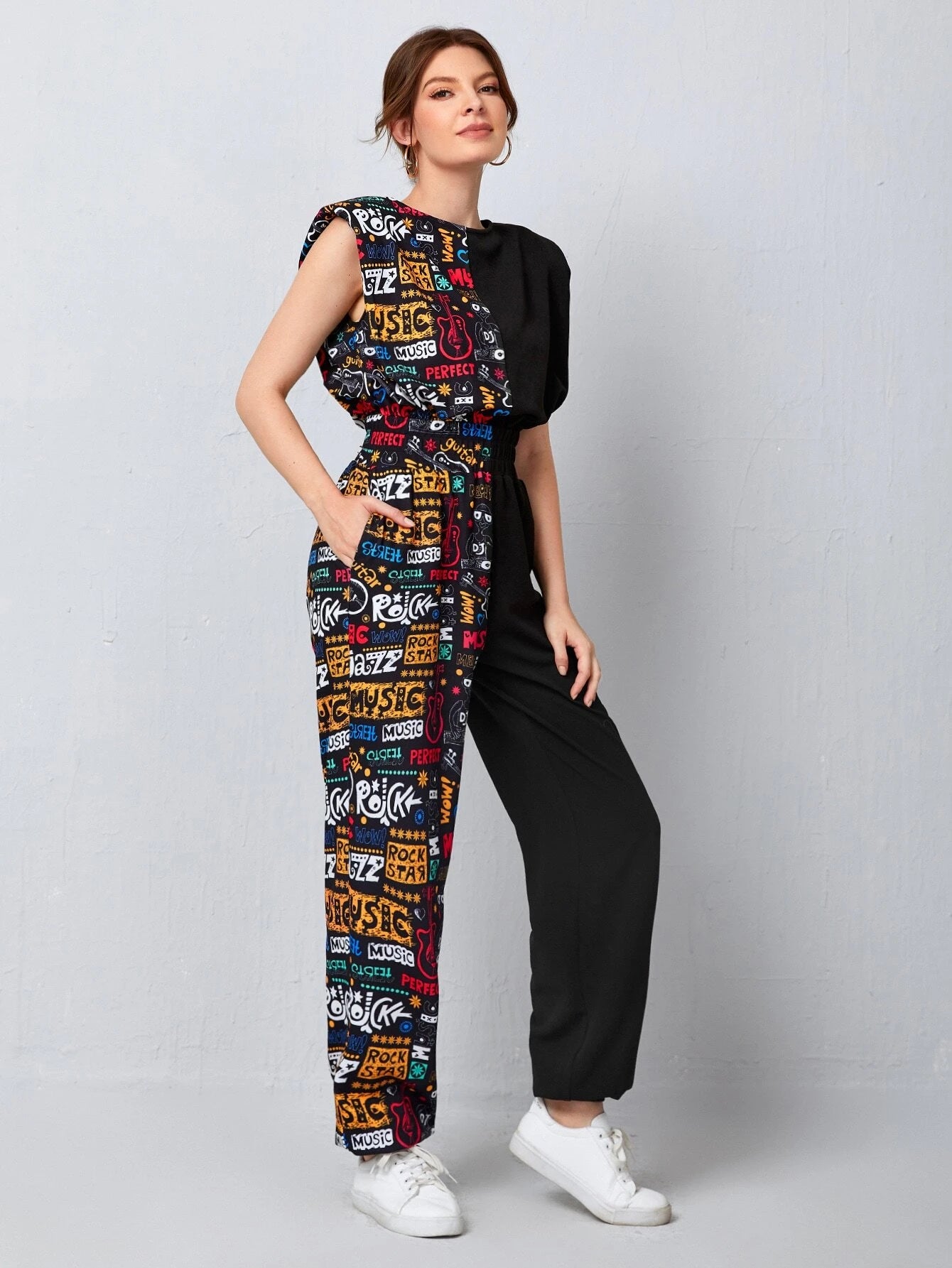 Shoulder Pad Letter Graphic Jumpsuit