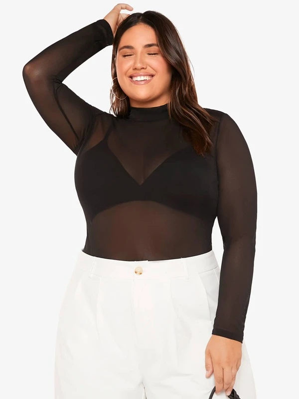 Plus Mock Neck Sheer Mesh Top Without Tube