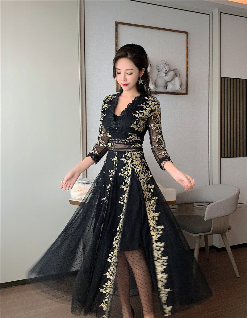 Embroidery High Waist Slim  Mesh Dress