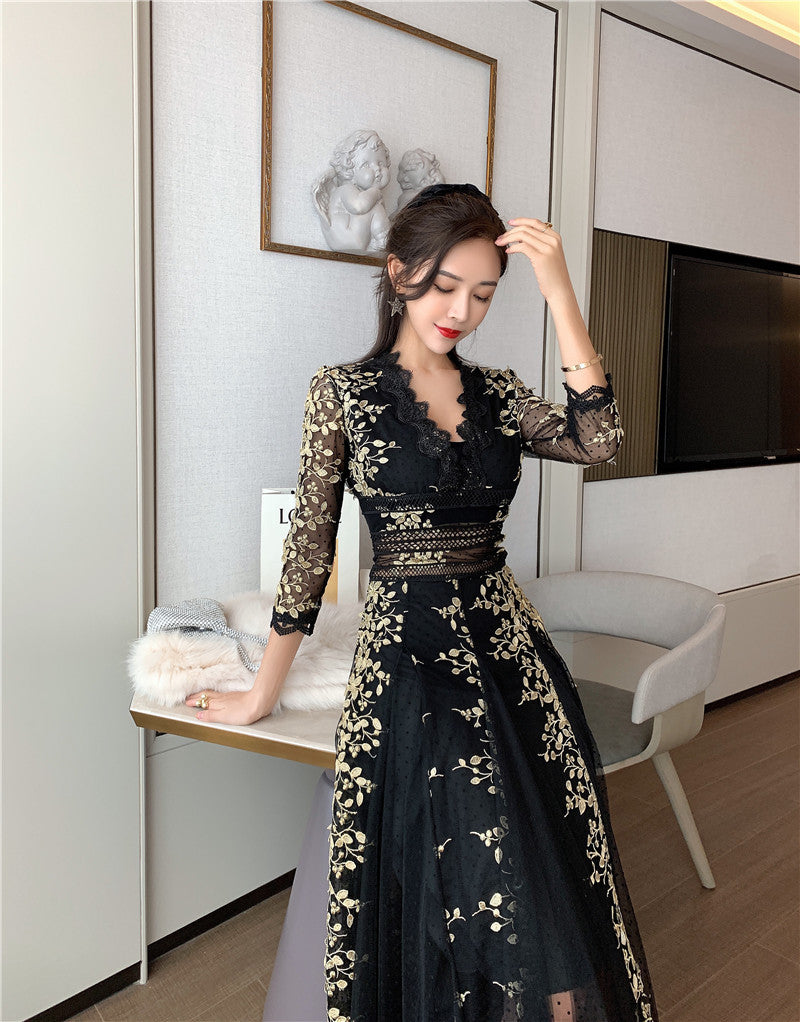 Embroidery High Waist Slim  Mesh Dress