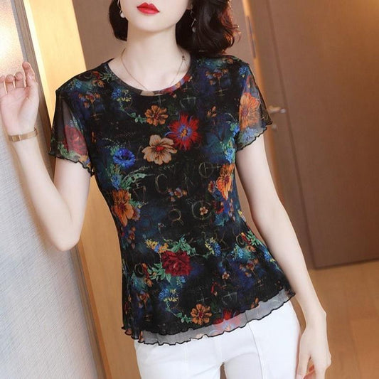 Short-sleeved Women's Screen Printing Large Round Neck Top