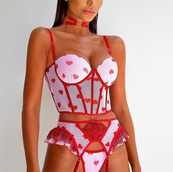 Heart Shaped Sling Lingerie Three Piece Set