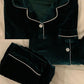 Contrast Binding Button Front Lapel Collar Silk Velvet PJ Set Green