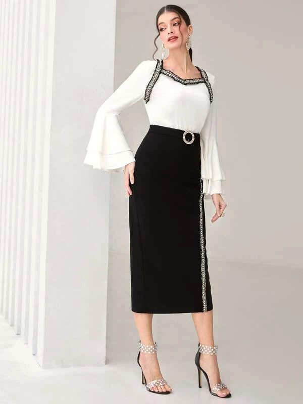 Contrast Tape Trumpet Sleeve Top & Split Hem Skirt