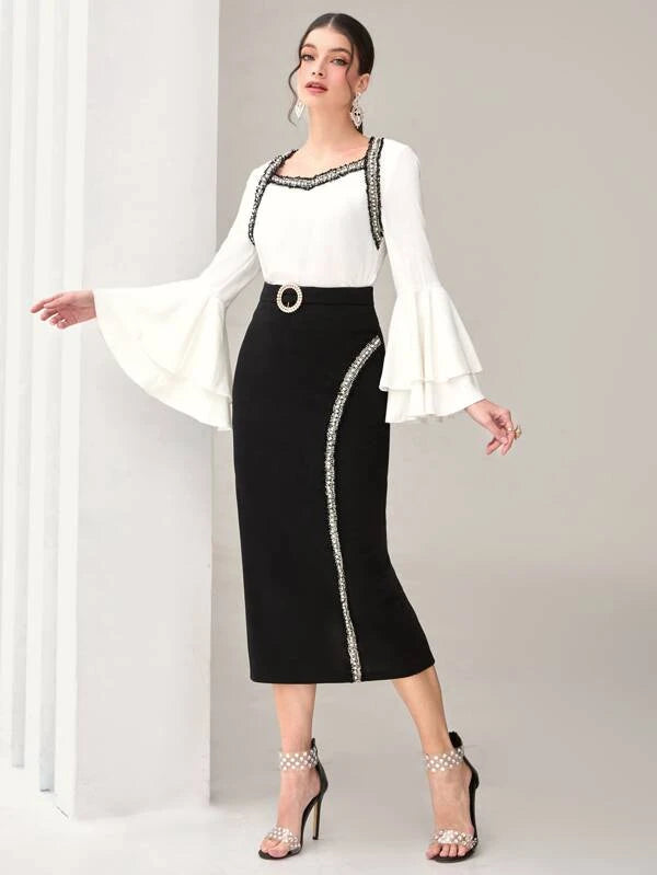 Contrast Tape Trumpet Sleeve Top & Split Hem Skirt