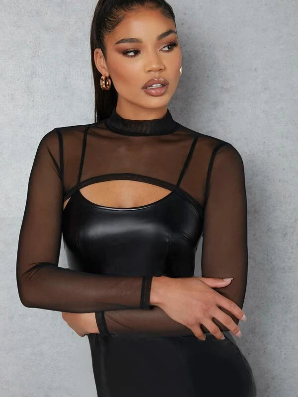 Mock-neck Super Crop Mesh Top