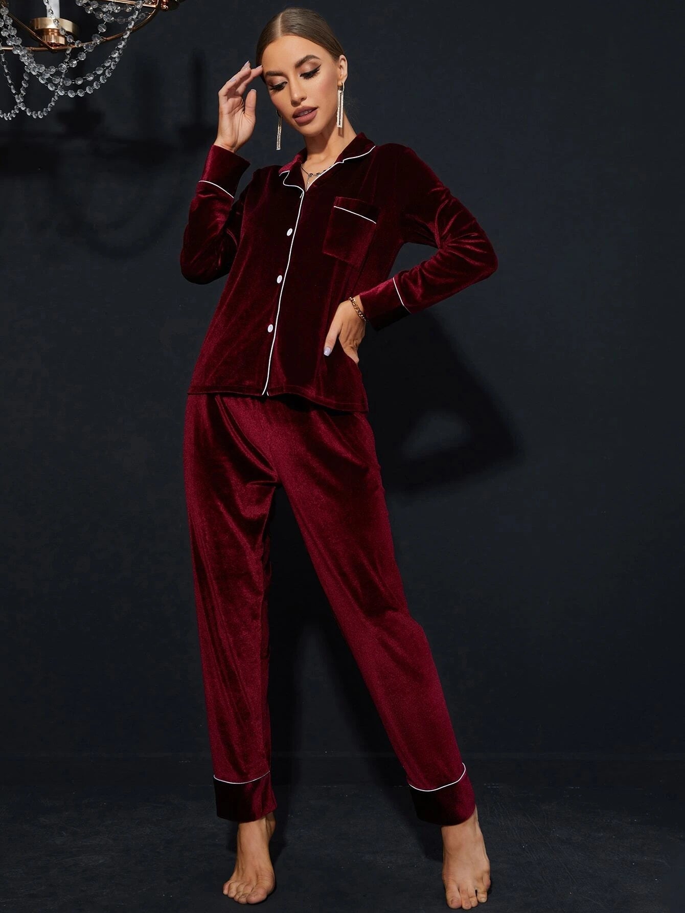 Contrast Binding Button Front Lapel Collar Silk Velvet PJ Set