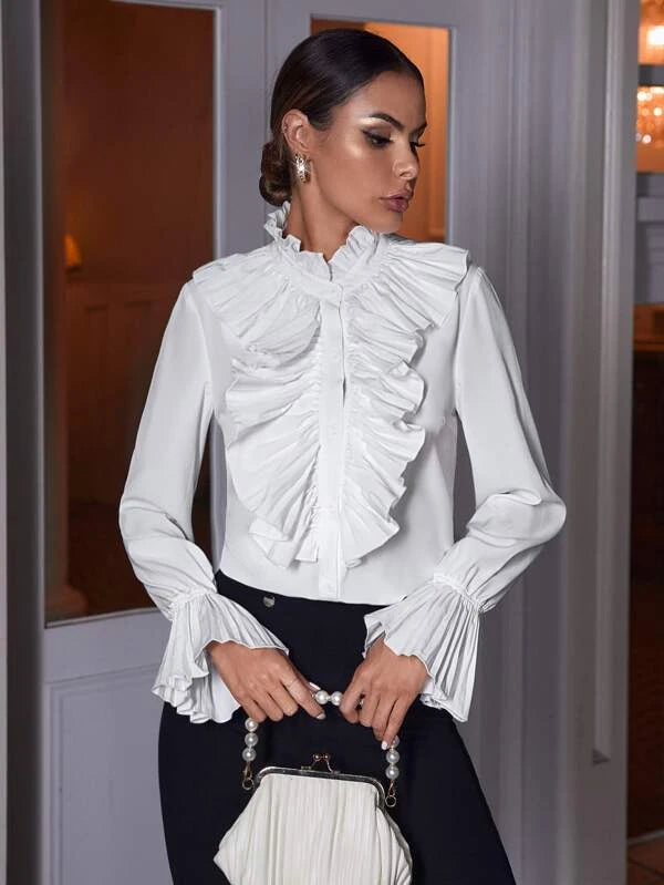 Ruffle Trim Flounce Sleeve Blouse