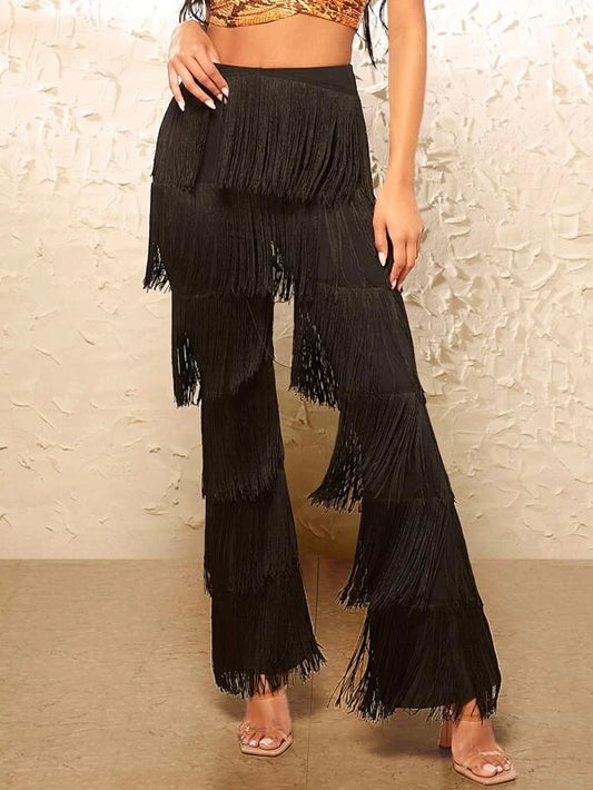 Fringe Trim Flare Leg Pants